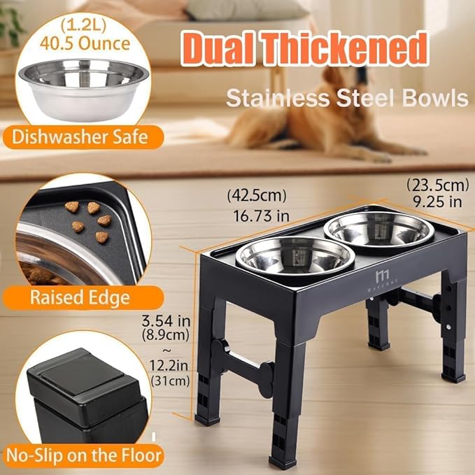 Marchul Elevated Dog Bowls, Raised Dog Food Water Bowls with 2 Thick Stainless Steel Bowls, 4 Height Adjustable, Non-Slip Stand for Medium Large Dogs (with Mat)