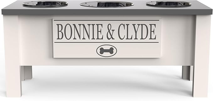 GTW Personalized Elevated Triple Dog Bowl Stand for Large, Medium, Small, X-Small Dogs - 3 Stainless Steel Food and Water Bowls - Raised Dog Dish with Internal Storage (Large, Grey)