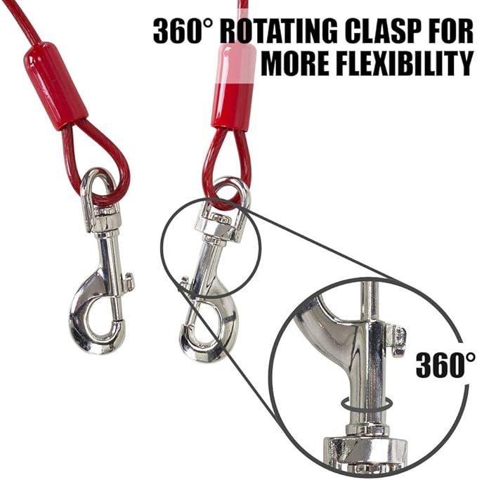 BV Dog Tie Out Cable 30 Feet - Heavy Duty Dog Lead Up to 125 Pounds - Reflective & Rust-Free with Quick Release Swivel Clips & 360° Rotating Clasp - Tangle-Free Dogs Runner for Yard (Red, Single)