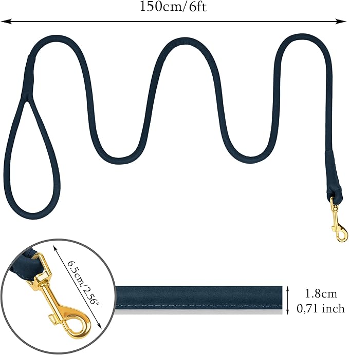 OOPSDOGGY Reflective Rolled Leather Dog Leash 6ft - Soft Training Lead for Small Medium Large Dogs Puppy - Heavy Duty Rope Puppies Leashes for Outdoor Walking Running (Blue, Small)