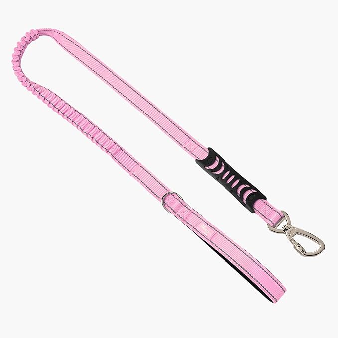 DF Co. Bungee Dog Leash | Strain Free & Shock Resistant for Control | Neoprene Padded Handle, Heavy-Duty Carabiner Clip, and D-Ring | Pink, Size Regular