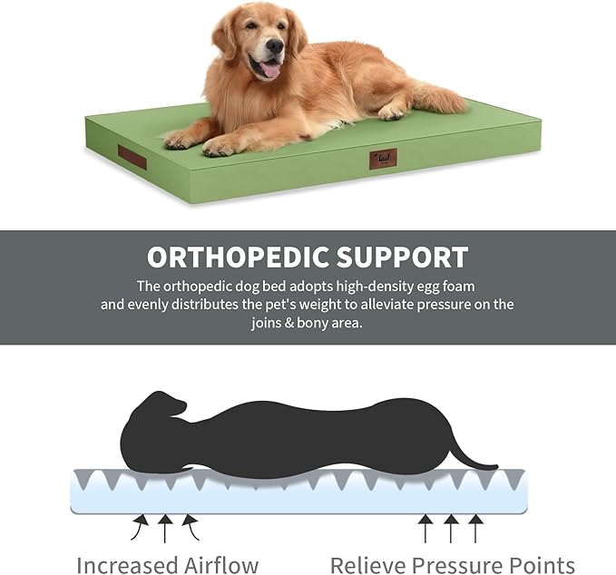 Outdoor Dog Bed for Medium Dogs, Waterproof Dog Crate Mat Orthopedic Egg Crate Foam Pet Bed with Washable Removable Oxford Cover, Light Green