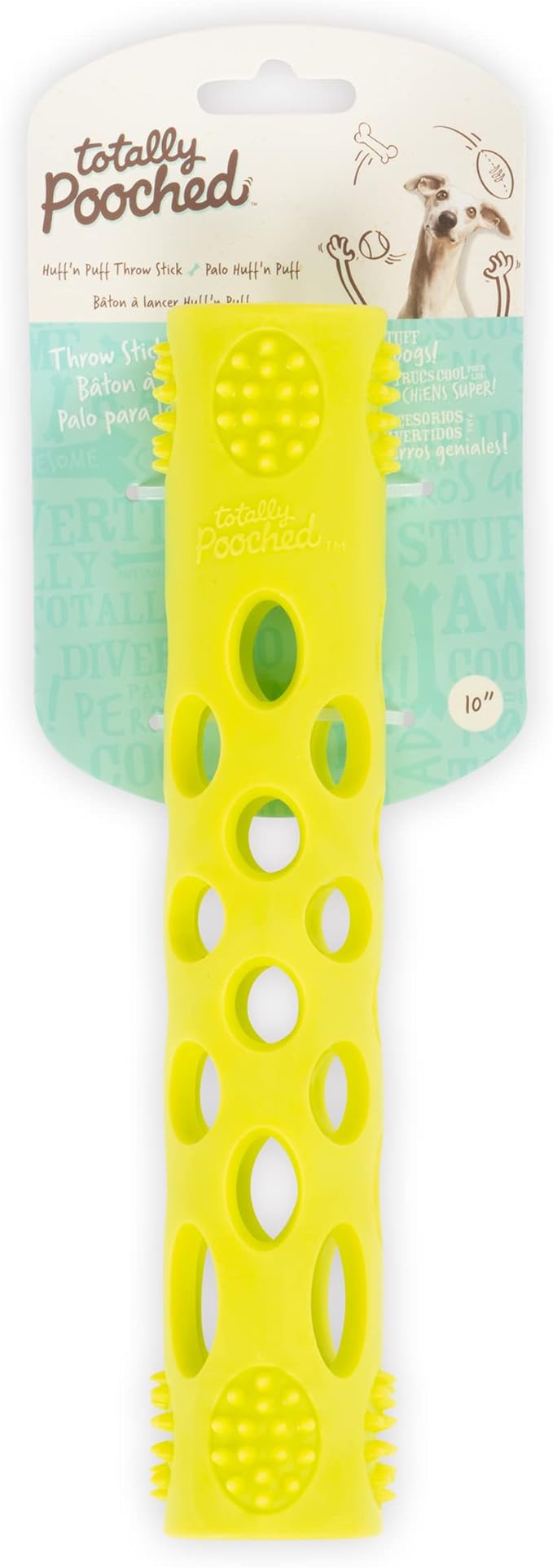 Messy Mutts Totally Pooched Huff'n Puff Stick | 10” x 2” TPR Puzzle Stick for Dogs | 2-in-1 Interactive Toy and Tooth Cleaner | Green