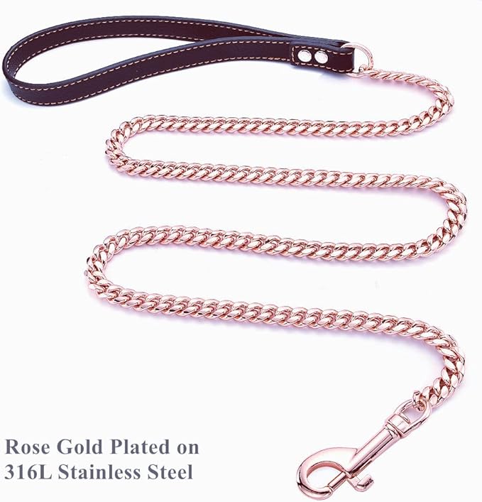Rose Gold Dog Chain Leash 10MM 14MM Curb Cuban Link Chain Dog Leash Strong Chew Proof Stainless Steel Leash 3FT/4FT/5FT for Small Medium Large Dogs(10mm,5ft)…