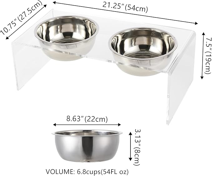 The LICKER Store DBL2001A Keaton 7.5" Medium/Large Modern Lucite Rectangular Elevated Pet Feeder with 54oz 2-Stainless Steel Bowls, Clear/Chrome
