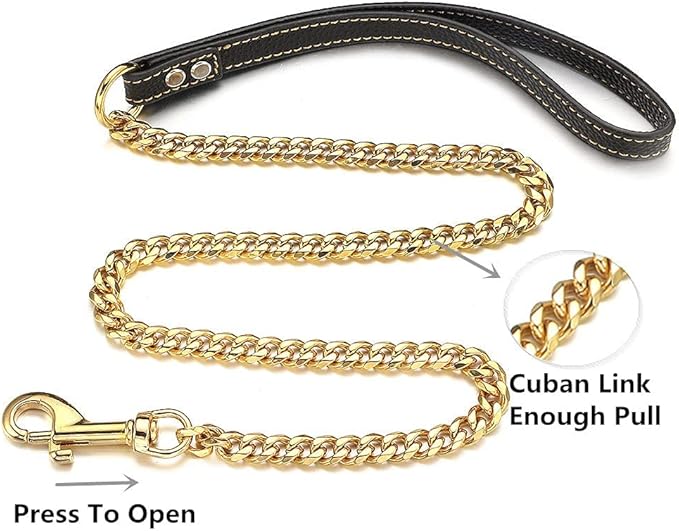 18K Gold Dog Chain Leash 11MM Solid Chew Proof 316L Stainless Steel Cuban Link Chain with Smooth Leather Handle Beautiful Leash for Walking Training 3FT/4FT/5FT(11mm,4ft)…
