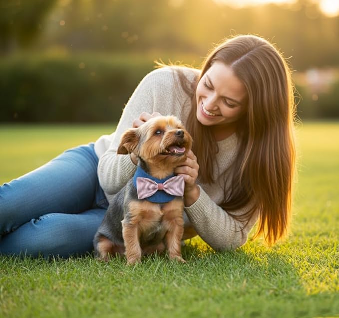 Denim Dog Bandana – Striped Bowtie, Soft & Durable Pet Scarf with Adjustable Metal Snap Buttons for Dogs & Cats (Red, Small)