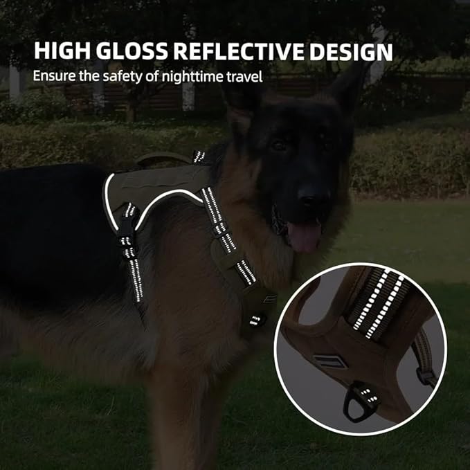Tactical Dog Harness with Leash for Large Dogs, No Pull Adjustable Dog Harness, Reflective K9 Working Pet Vest for Walking, Training (Khaki, L)