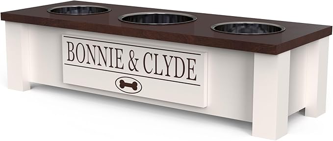 GTW Personalized Elevated Triple Dog Bowl Stand for Large, Medium, Small, X-Small Dogs - 3 Stainless Steel Food and Water Bowls - Raised Dog Dish with Internal Storage (Small, Brown)