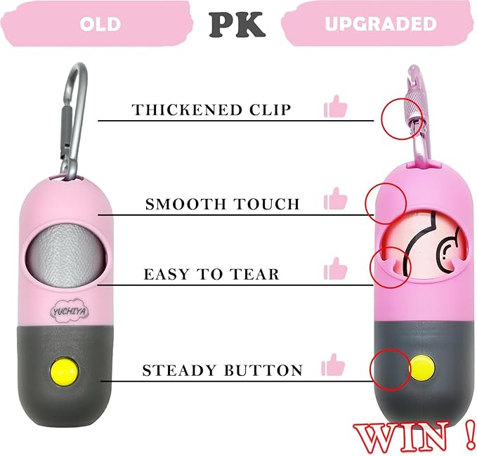 Dog Poop Waste Bags Holder with LED Flashlight|Cute Doggie Poo Bags Dispenser for Pet Leash|Trash Waste Bags Carrier with Potty Bags Clip Fastener LR44 Button Cells Included(2 Pack) (Pink)