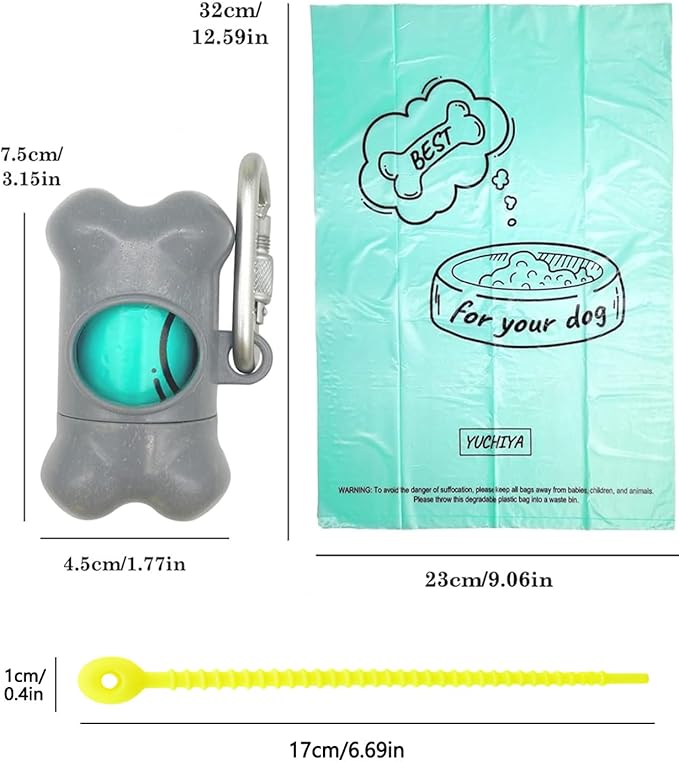 Dog Poop Pickup Bags Holder Dispenser with Standard-Sized Leak-Proof Scented Doggy Waste Bags and Carabiner with Safety Lock&Fastener Never Loose on Leash Lead Again (1 Holder 195 Bags, Grey)
