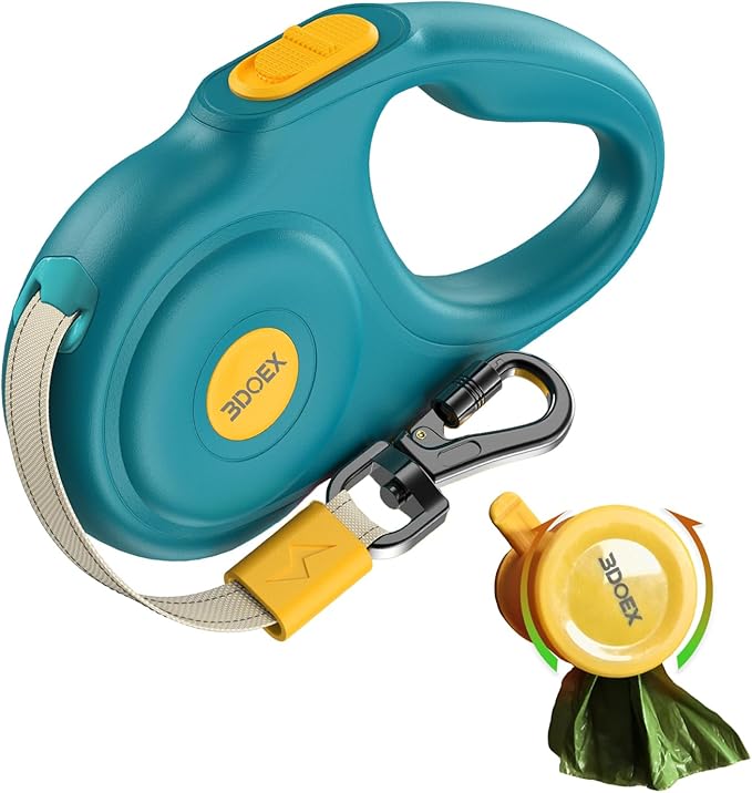 Retractable Dog Leash 10FT for Small & Medium Dogs, Sturdy Heavy-Duty Nylon Tape with Secure Locking Carabiner & Poop Bag Holder, Smooth One-Hand Control, Anti-Slip Handle, Tangle-Free Design (Green)