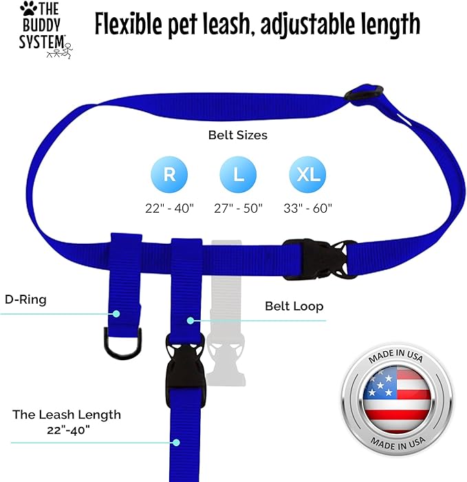 The Buddy System Hands Free Dog Leash, Adjustable Leash for Running, Jogging, Training and Service Dogs, Great for Small, Medium and Large Dogs, Made in USA (Royal Blue, Large Belt (27"- 50" Waist))