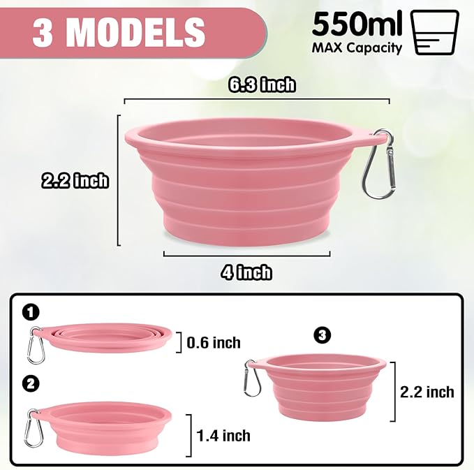 Rest-Eazzzy 2-Pack Silicone Collapsible Dog Bowls, BPA Free Dishwasher Safe, Portable Foldable Travel Bowl, Food Water Feeding Cup Dish for Dogs Cats with 2 Carabiners (Grey, Pink, 550 ML)
