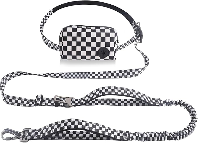 Roses&Poetry Hands Free Dog Leash with Zipper Pouch, 6-9ft Bungee Waist Leash for Medium Large Dogs Walking, Running Lead with Dual Padded Handles Car Safety Buckle for Training Jogging