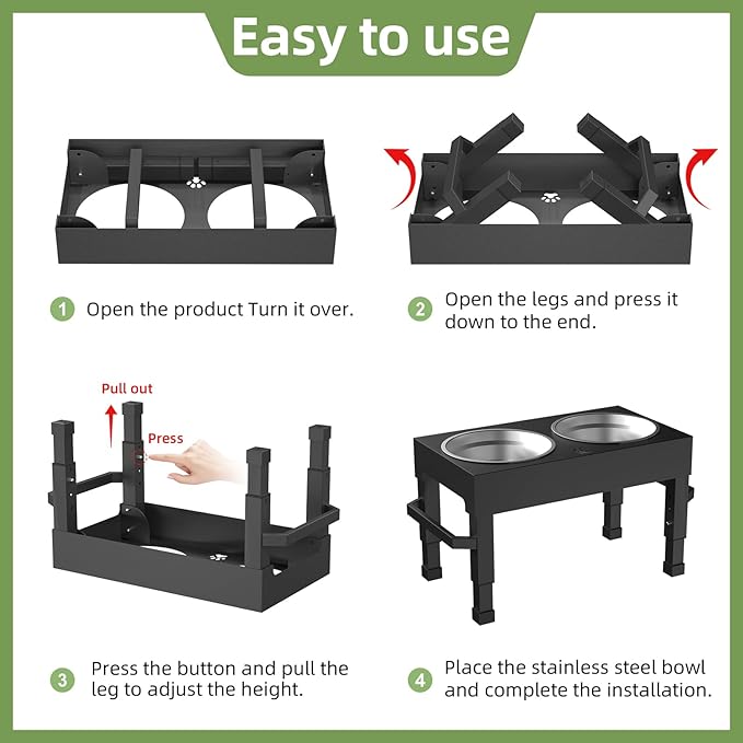 Elevated Dog Bowls, 4 Height Adjustable Raised Bowl Stand with 2 Stainless Steel 7" Food Feeder Bowls for Small Medium and Large Dogs