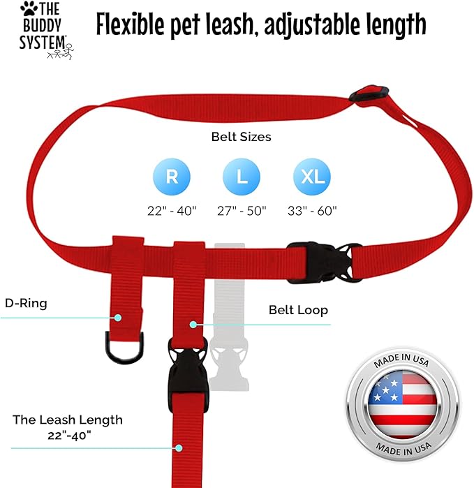 The Buddy System Hands Free Dog Leash, Adjustable Leash for Running, Jogging, Training and Service Dogs, Great for Small, Medium and Large Dogs, Made in USA (Red, Regular Belt (22"- 40" Waist))