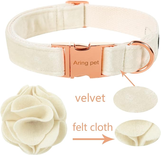 ARING PET Velvet Dog Collars, White Soft Pet Collar with Detachable Felt Flower Metal Buckle for Puppy Small Medium Large Boy Girl Dogs-XL
