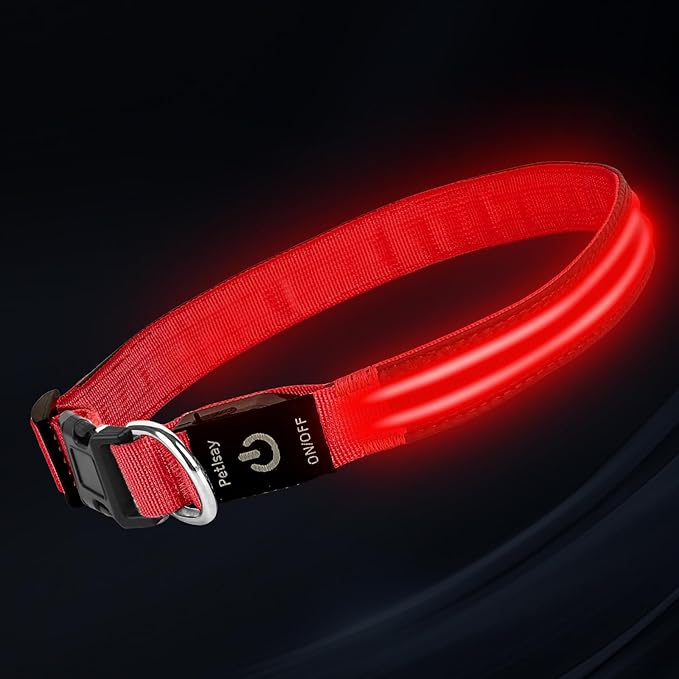PetIsay Dog Light up Collar for Night Walking - High Visibility LED Dog Collar - Rechargeable - Waterproof - Reflective - Adjustable Lighted Glow Collars(Red,Medium)