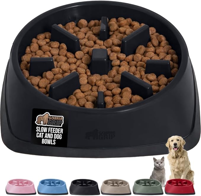 GORILLA GRIP Patented BPA Free Slow Feeder Dog Bowls, 4 Cup Interactive Puzzle Toy for Dogs and Cats Food Training Enrichment, Keeps Pets Busy and Prevents Puppy Overeating, Large Breeds, Black