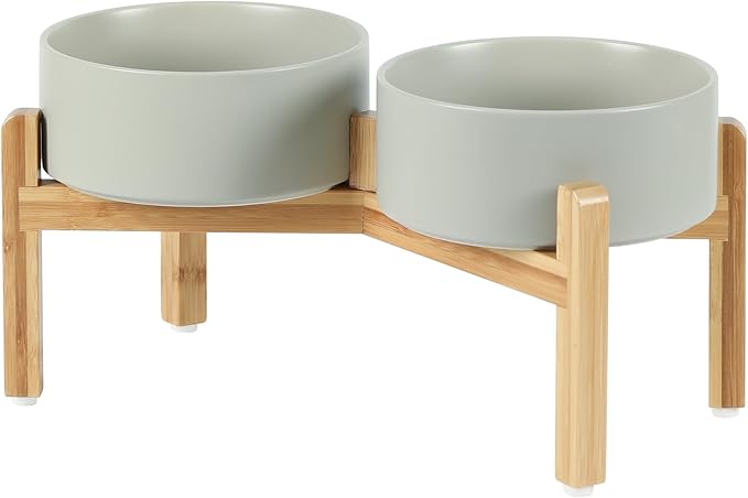 Ceramic Raised Double Bowls Set with Stand, Food & Water Bowls for Medium Breed Dogs, Weighted Dog Dishes, Pet Bowl(7.3'',41OZ, Grey)
