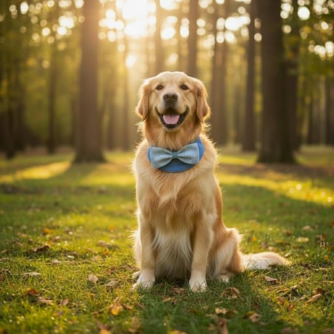 Denim Dog Bandana – Striped Bowtie, Soft & Durable Pet Scarf with Adjustable Metal Snap Buttons for Dogs & Cats (Blue, Medium)