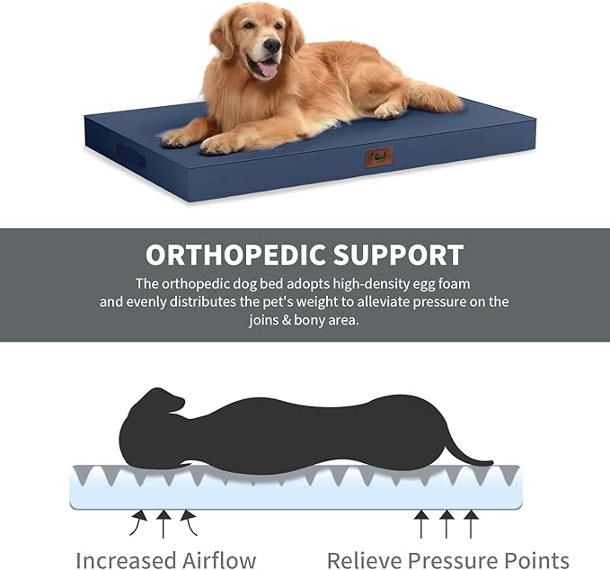 Outdoor Dog Bed for Small Dogs & Cats, Waterproof Dog Crate Mat Orthopedic Egg Crate Foam with Washable Removable Oxford Cover, Navy