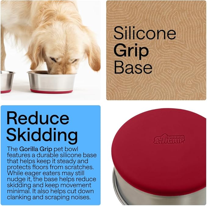 GORILLA GRIP Dog Bowls, Heavy Duty 304 Stainless Steel, Holds 1 Cup Each (8 fl oz) Food and Water Bowl for Feeding Dogs and Cats, Dishwasher Safe, Rust Resistant, BPA Free Rubber Base Set of 2 Red