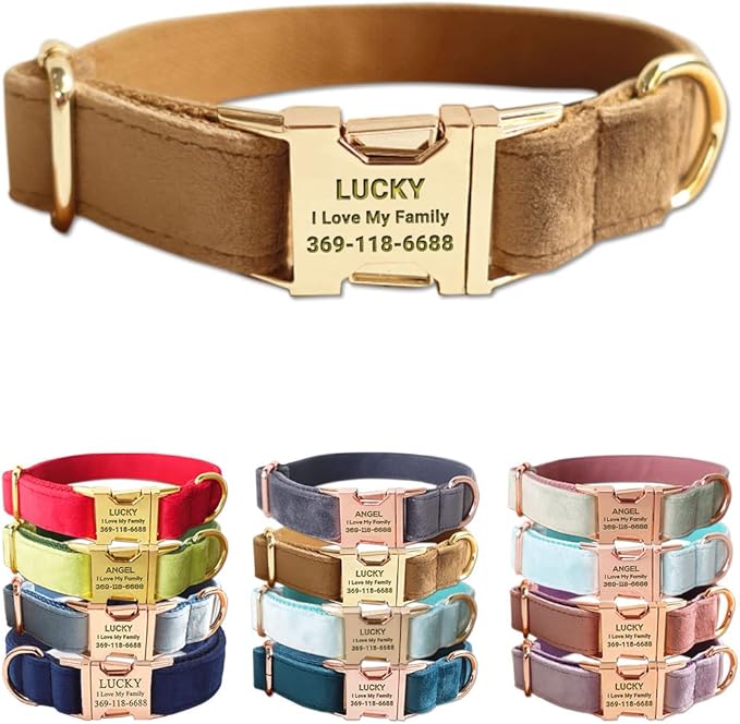 PETDURO Custom Dog Collar Personalized with Name Engraved Gold Metal Buckle for Large Medium Small Dogs - Dog Leash and Bow Tie Available - Soft Thick Velvet (Camel RG, S)