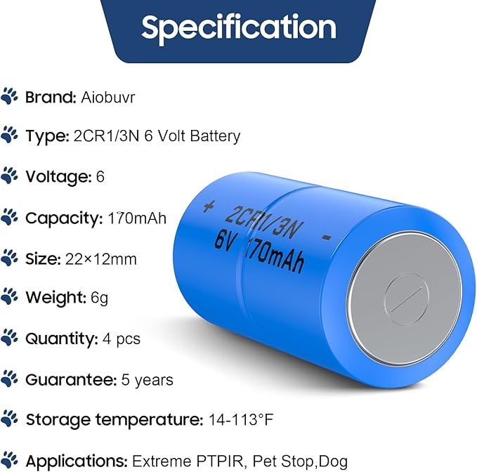 2CR1/3N 6 Volt Dog Collar Receiver Battery for Extreme PTPIR-003, PTPFS-003 Series Receiver, Pet Stop PCC-100/200 Series Receiver, Dog Guard DG-3000/5000/9000 Series Receiver 4 Batteries
