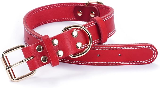 Dog Collar,Genuine Leather Dog Collar, Heavy Duty Dog Collar for Small,.Medium,Large and Extra Large Dog (L: 1.2" Wide for 16.2"-22" Neck,Dual Stitch-Red)
