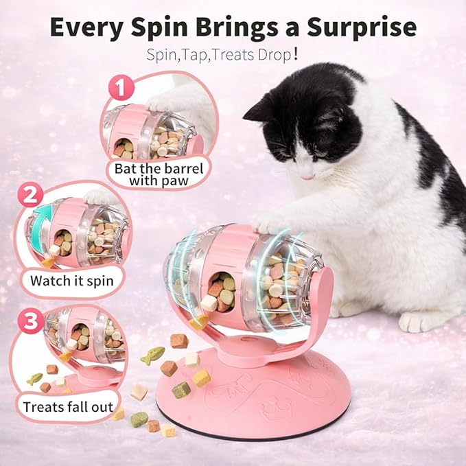 Cat Treat Dispenser Toy, Slow Feeder for Dry Food & Treats, Interactive Rotating Barrel Cat Toys for Indoor Cats &Puppies, Kitten Enrichment Funny Toy(Pink)