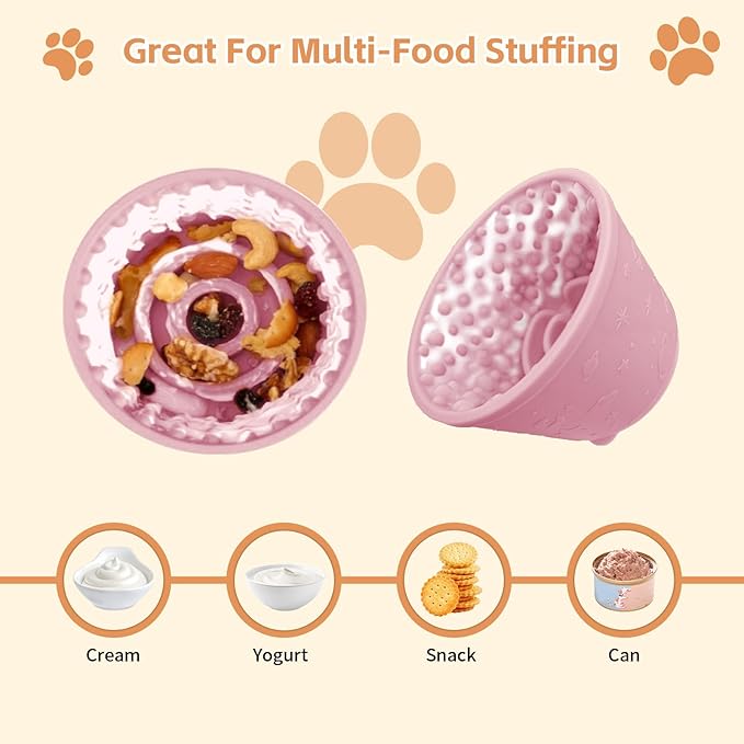 Dog Lick Bowl with Brush and Scraper, Anxiety Relief Silicone Slow Feeder Treat Dispenser, Anti-chocking Pet Dish, Non-Slip Interactive Entertainment Dog Puzzle Toy for Medium & Large-Pink
