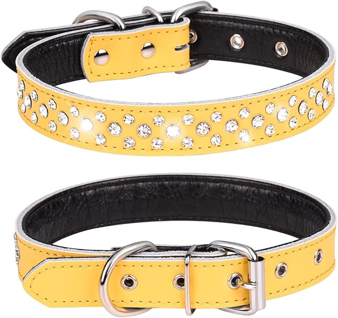 Rhinestones Dog Collar, Adjustable Sparkly Crystal Studded Genuine Leather Pet Dog Collar for Small and Medium Breeds (M fit Neck 12-15", Yellow)