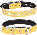 Rhinestones Dog Collar, Adjustable Sparkly Crystal Studded Genuine Leather Pet Dog Collar for Small and Medium Breeds (L fit Neck 14.5-18", Yellow)