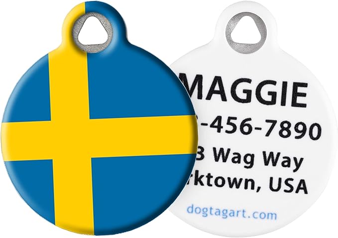 Dog Tag Art Swedish Flag Personalized Pet ID Tag for Dogs and Cats, Silent Polymer Coated Stainless Steel Flag of Sweden Nametag with Customized Identification Information - Small .875" Diameter