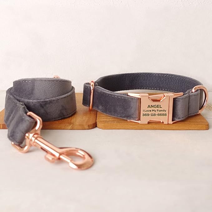 PETDURO Custom Dog Collar Personalized with Name Engraved Quick Release Rose Gold Metal Buckle for Large Medium Small Girl Dogs - Dog Leash and Bow Tie Available - Soft Comfy Velvet (Grey, L)