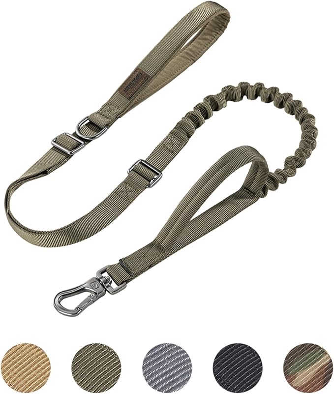 EXCELLENT ELITE SPANKER Tactical Dog Leash Heavy Duty 5-6FT Adjustable No Pull Military Bungee Dog Leash Elastic Leads Rope with 2 Padded Control Handle for Medium Large X-Large Dogs(Ranger Green)