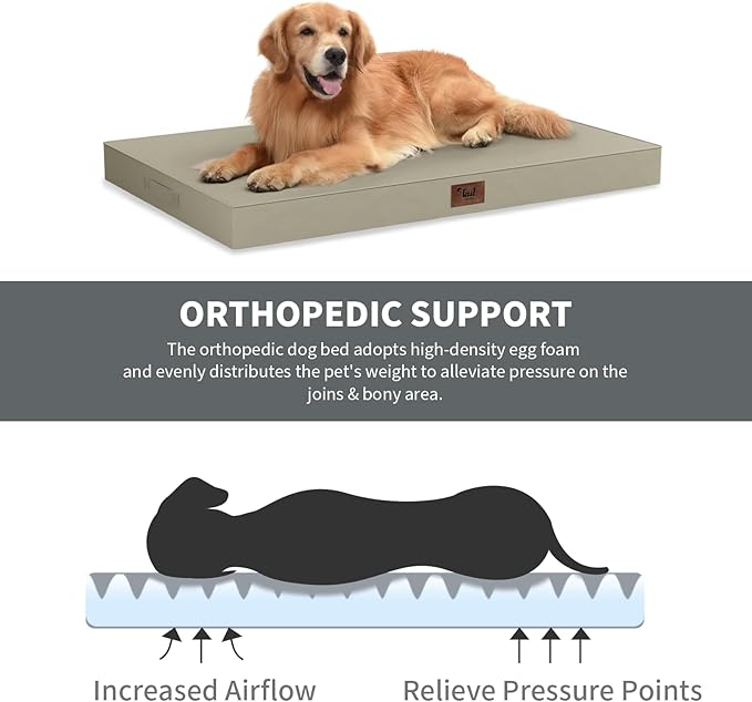 Outdoor Dog Bed for Medium Dogs, Waterproof Dog Crate Mat Orthopedic Egg Crate Foam Pet Bed with Washable Removable Oxford Cover, Khaki