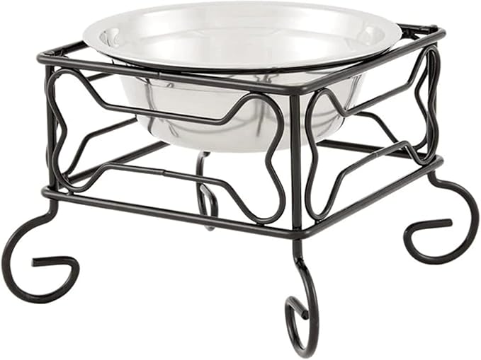YML Elevated Stainless Steel Dog & Cat Bowl with Black Wrought Iron Stand, 5-Inch (2.5 Cups)