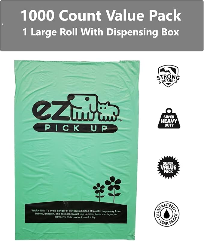 EZ Pick Up 1000 Count Dog Waste Poop Bags, Unscented Single Roll, Heavy Duty, Improved Thickness (Green - 1000ct)