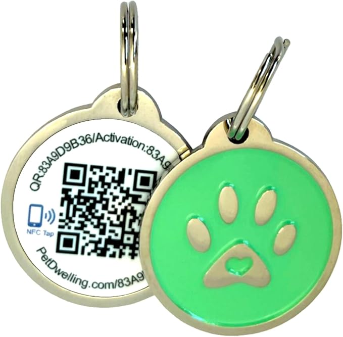Pet Dwelling QR & NFC Pet Tag – Easy Scan Instant Location Alerts, Smart AI-Featured Pet Profile for Dogs (Green Paw)