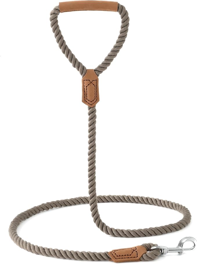 Mile High Life Dog Leash, Braided Cotton Rope Leashes with Leather Handle - Heavy Duty Metal Clasp, 4FT, 1/2" Thick - Wedding, Walking & Training Leash for Small Medium Large Dogs (Camel)