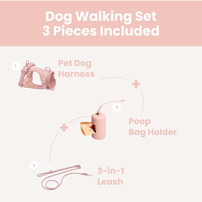 No Pull Dog Harness and Leash Set 3-in-1 Adjustable Anti Pull Dog Puppy Harness with Hands-Free Matching Leash and Poop Bag Holder,Easy Walk Dog Harness Medium small Sized Dog(Pink Sand)