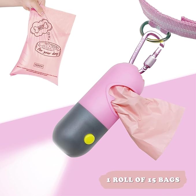 Dog Poop Waste Bags Holder with LED Flashlight|Cute Doggie Poo Bags Dispenser for Pet Leash|Trash Waste Bags Carrier with Potty Bags Clip Fastener LR44 Button Cells Included(2 Pack) (Pink)