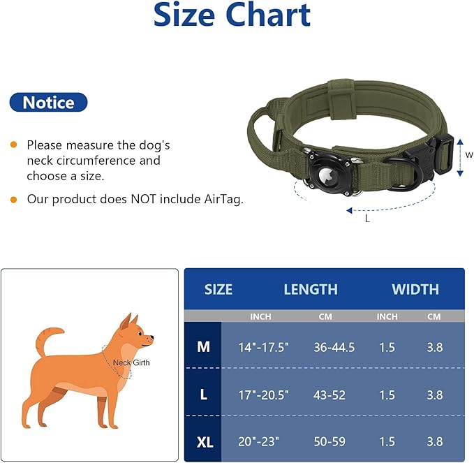 AirTag Dog Collar with QR Code, Tactical Waterproof AirTag Holder, Smart No-App ID Tag for Lost Pet Recovery, Padded Comfort for Medium and Large Dogs (Green,M)