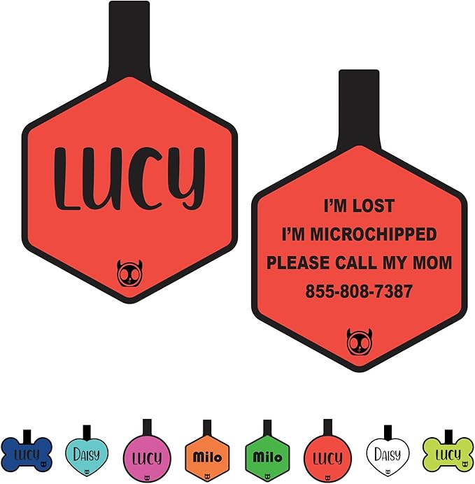 Silicone Silent Dog Tag Personalized with 5 Lines of Custom Deep Engraved Durable Soundless Pet ID Name Tag Hexagon Red