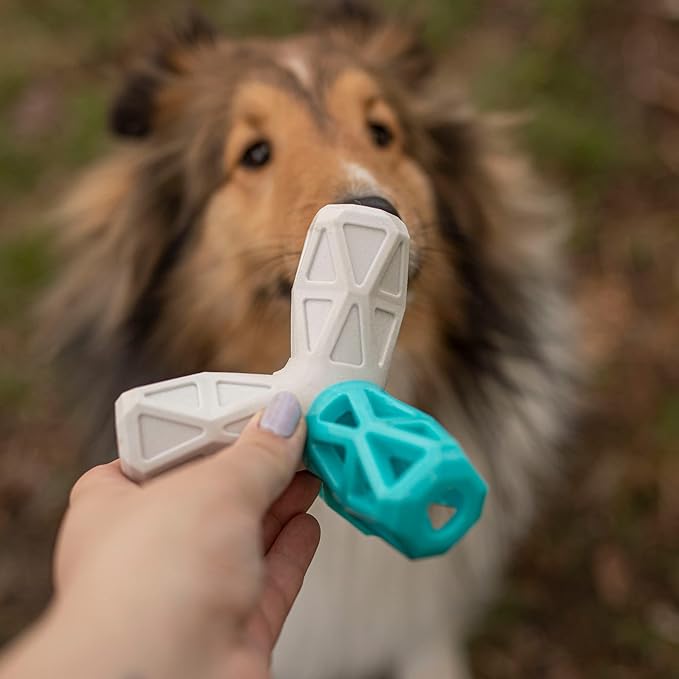 Messy Mutts Totally Pooched Squeak n' Stuff Pyramid | 5” TPR Dog Toy with Squeaker | Made for Tough Chewers | Interactive Treat Puzzle for Dogs | Grey/Teal