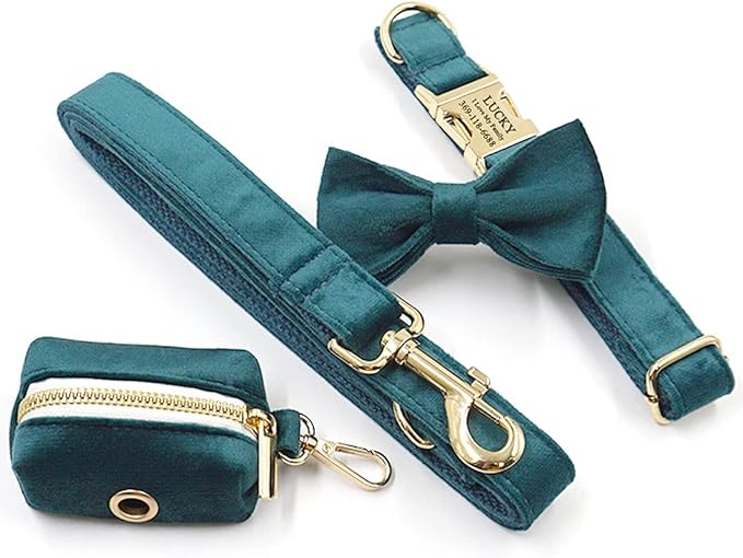 PETDURO Custom Dog Collar Personalized with Name Engraved Quick Release Rose Gold Metal Buckle for Large Medium Small Girl Dogs - Dog Leash and Bow Tie Available - Soft Comfy Velvet (Gem Green, XS)