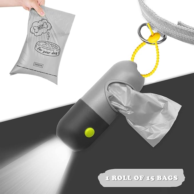 Dog Poop Waste Bags Holder with LED Flashlight|Cute Doggie Poo Bags Dispenser for Pet Leash|Trash Waste Bags Carrier with Potty Clip Fastener LR44 Button Cells Included (Grey, 2 Holder 30 Bags)